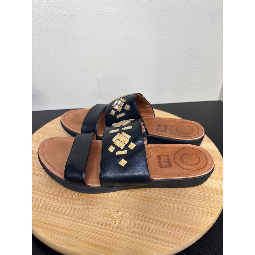 Fitflop Delta Black Leather Embellished Slide Sandals Comfort Casual‎ Shoes - Picture 8 of 12